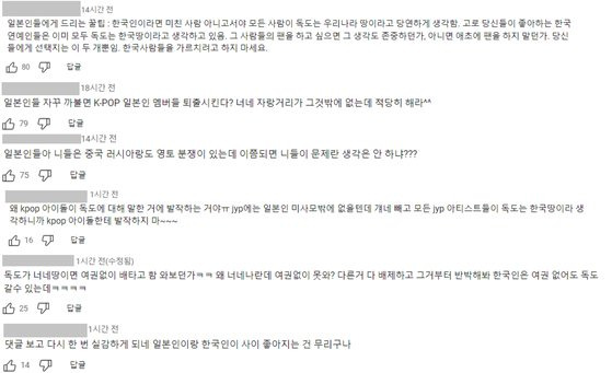 해당 영상에서 일부 일본 팬들의 지적에 반발한 네티즌들. 사진 유튜브