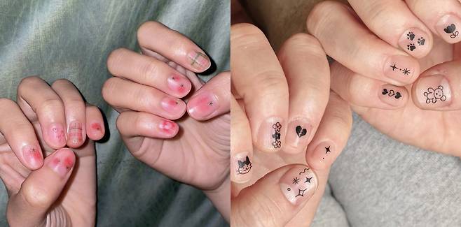 손톱 타투는 평균 2~3개월 지속되고 위생적이라는 장점이 있어 새롭게 떠오르는 시술이다./사진=인스타그램 birang.tt, moma_tt 캡처