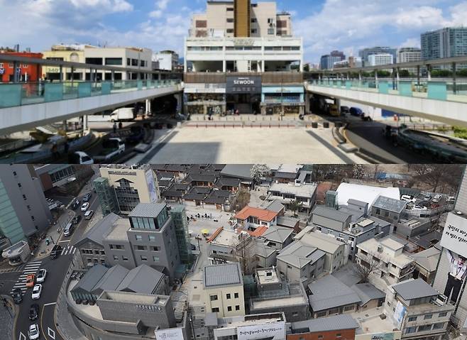 서울시가 철거 계획을 밝힌 세운상가 공중보행로(상)와 돈의문 박물관 마을. /사진=신현보 기자, 서울시