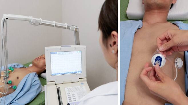 한국건강관리협회 건강증진의원에서 피검자가 심전도 검사를 하고 있다. 왼쪽은 건강증진의원 검사실에서 심전도 검사를 받는 모습. 오른쪽은 24시간 동안 심전도 데이터를 원격 모니터링하기 위해 1일 연속심전도 장치를 피검자 가슴에 부착하는 모습. 사진=황태원 PD