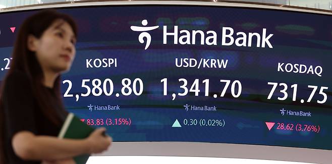 4일 오후 서울 중구 하나은행 본점 딜링룸 전광판에 코스피, 코스닥지수와 원·달러 환율 종가가 표시되고 있다. /뉴스1