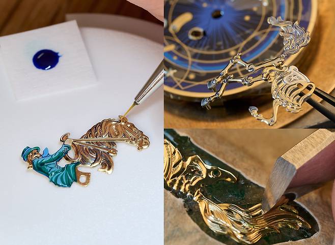 마이크로 조각, 에나멜링 페인팅 등 여러 수공 기술을 동원해 만드는 아쏘 코러스 스텔라룸의 제작 과정. [사진 에르메스]