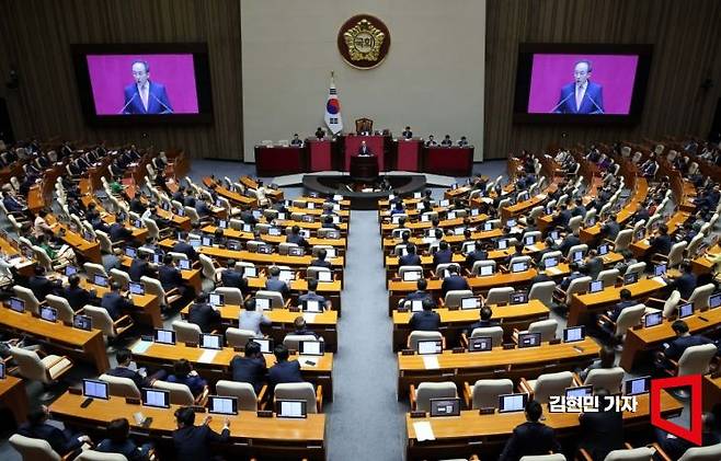 추경호 국민의힘 원내대표가 5일 국회에서 열린 본회의에서 교섭단체 대표연설을 하고 있다. 사진=김현민 기자 kimhyun81@