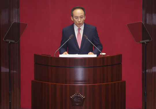 국민의힘 추경호 원내대표가 5일 국회 본회의에서 교섭단체 대표연설을 하고 있다. 연합뉴스