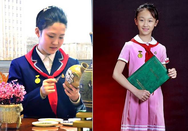 북한매체가 소개한 김진미 학생(왼쪽)과 우현려 학생. ('금수강산', '조선관광' 갈무리)