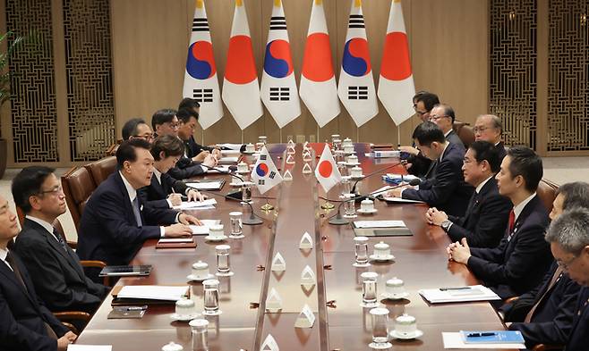 윤석열 대통령이 6일 용산 대통령실에서 열린 한일 정상회담에서 발언하고 있다. 대통령실사진기자단