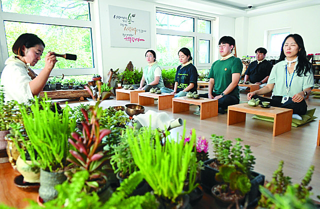 서울 노원구 불암산 산림치유센터에서 지난달 27일 서울형 정원처방 프로그램을 체험 중인 시민들이 명상에 잠겨있다. 서울시 제공