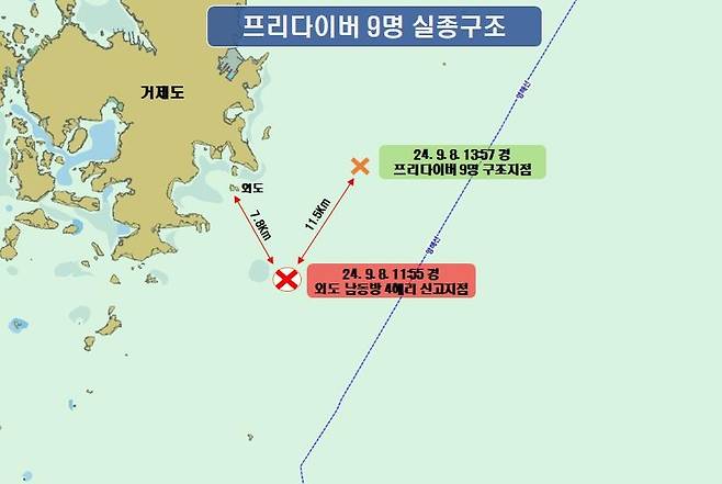 프리다이버 실종 신고 지점과 구조 지점 [통영해양경찰서 제공. 재판매 및 DB 금지]