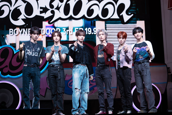 Boy band BoyNextDoor poses for photos during a showcase held on Sept. 9 for its third EP ″19.99″ in central Seoul. [DANIELA GONZALEZ PEREZ]