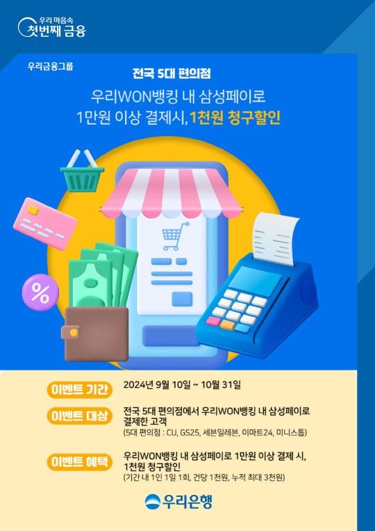 우리은행이 우리원뱅킹 삼성페이로 1만원 이상 결제 시 1000원 할인 혜택을 제공하는 이벤트를 진행한다. [우리은행 제공]