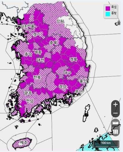 10일 오후 4시 전국에 내려진 폭염특보 현황. 기상청 제공