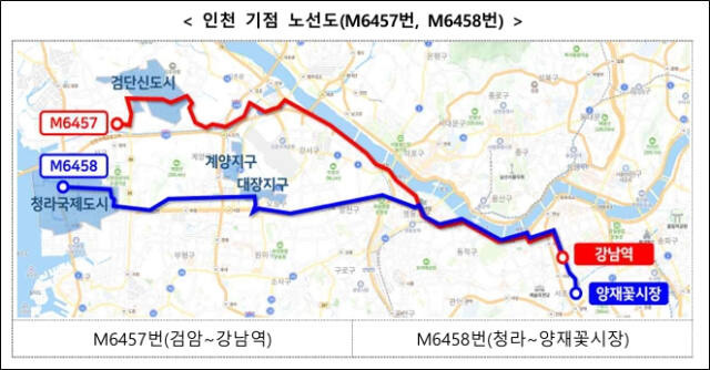 인천 기점 노선도(M6457번, M6458번). 국토교통부 제공