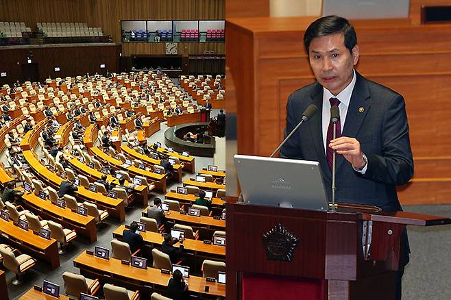 김선호 국방부 차관이 10일 저녁 국회에서 열린 본회의 외교·통일·안보 분야 대정부질문에서 의원 질의에 답하는 모습. 연합뉴스