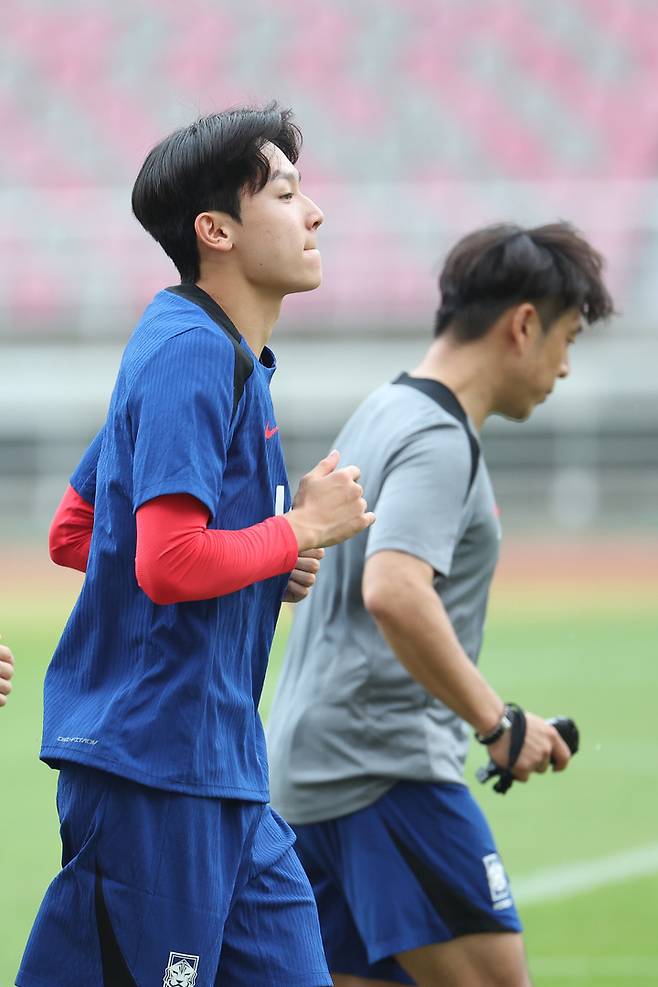 훈련하고 있는 한국 축구 대표팀 양민혁