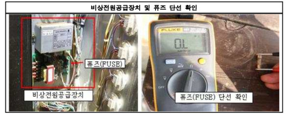 승강기 내부 조작반 비상전원공급장치 퓨즈가 끊어진 사진