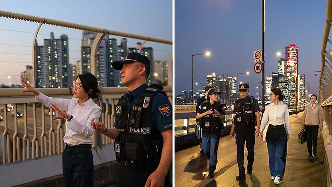 서울 마포대교에서 마포경찰서 용강지구대 근무자와 함께 도보 순찰하는 김건희 여사 2024.9.10 [대통령실 제공]