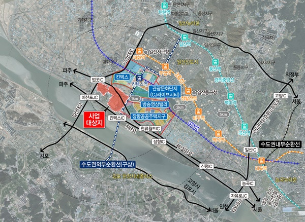▲ 경기도 고양시 일산 CJ라이브시티 인근 지도. 지도 속 사업대상지는 고양 일산 테크노밸리 조성사업 대상지. 이미지=경기도