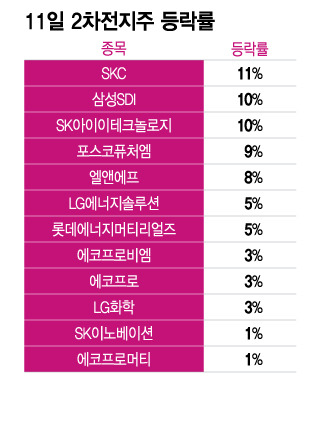 11일 2차전지주 등락률. /그래픽=이지혜 기자.