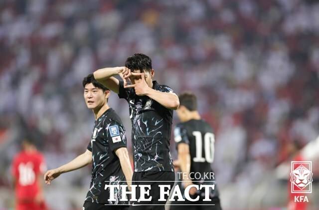후반 37분 1-1의 균형을 깨는 결승골을 작렬한 손흥민의 '찰칵 세리머니'./KFA