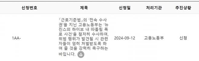 A씨가 뉴진스 폭로와 관련해 고용노동부에 넣은 민원. /온라인 커뮤니티