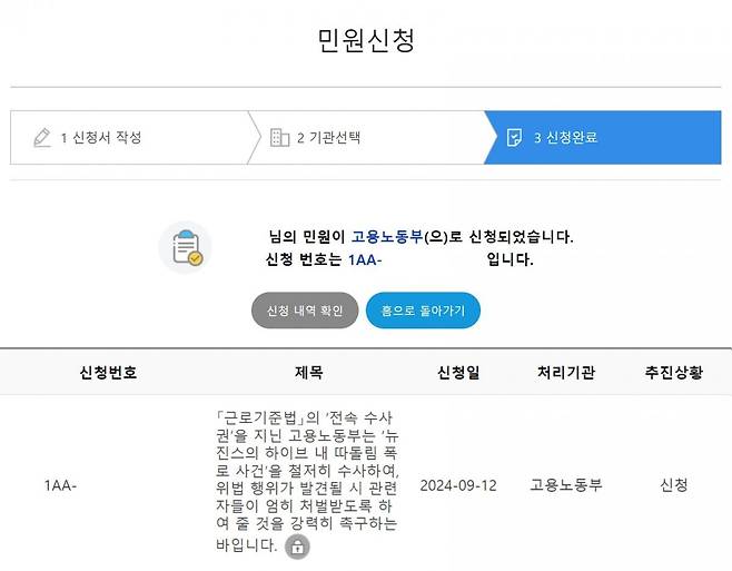 A 씨가 국민신문고를 통해 고용노동부에 민원을 접수한 화면. 보배드림 캡처