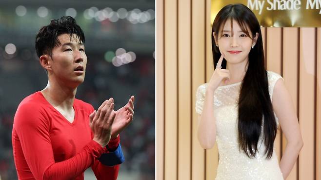 대한민국 축구 국가대표팀 주장 손흥민(왼쪽)과 가수 아이유. /사진=뉴스1, 머니투데이DB
