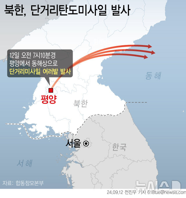 [서울=뉴시스] 합동참모본부에 따르면 우리 군은 12일 오전 7시10분경 평양 일대에서 동해상으로 발사된 단거리탄도미사일(SRBM) 여러 발을 포착했다. 북한이 미사일을 발사한 것은 지난 7월 1일 이후 73일 만이다. (그래픽=전진우 기자) 618tue@newsis.com