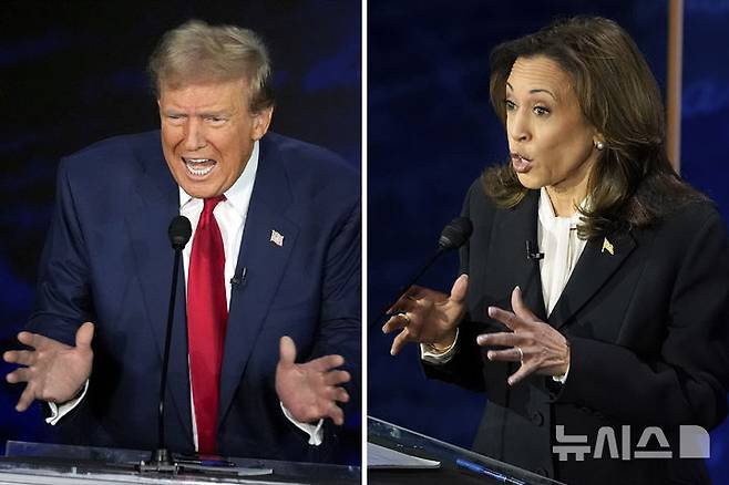 [필라델피아=AP/뉴시스] 카멀라 해리스 미국 민주당 대선 후보(오른쪽)와 도널드 트럼프 공화당 후보가 지난 10일(현지시각) 펜실베이니아 필라델피아에서 열린 ABC 주관 TV 대선 토론에서 발언하고 있다. 2024.09.13.