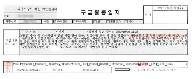 이태원 참사 현장에 출동했던 경기 의왕소방서 백운119안전센터의 구급활동일지. 새벽 0시 19분에 현장에 도착한 구급대원들은 "차량 정체, 구급차 줄 서있던 상태"라고 적었다.