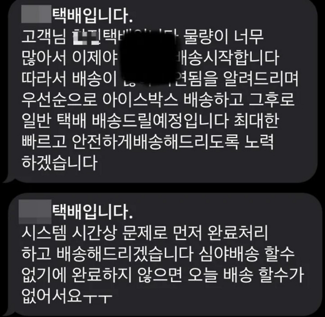 온라인 커뮤니티에 공개된 택배기사 문자 메시지 [사진 = X 갈무리]