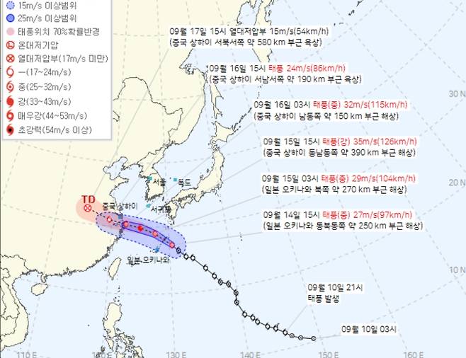 2024년 제13호 태풍 ‘버빙카’의 예상 이동경로는 15일 오후 3시께 중국 상하이 동남동쪽 약 390km 부근 해상, 16일 오후 3시께 중국 상하이 서남서쪽 약 190km 부근 육상으로 이동하겠다. 이때 '강'세력을 유지하며, 중심기압은 970hPa(헥토파스칼), 최대풍속은 초속 35m(시속 126km)다. ⓒ기상청