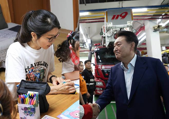 추석 연휴인 15일 김건희 여사가 서울 은평구 다움장애아동지원센터를 방문해 보육을 돕고 있다. (왼쪽 사진) 윤석열 대통령이 서울 강서소방서를 방문해 근무 중인 소방관들을 격려하고 있다. 대통령실 제공