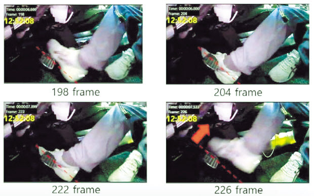 지난해 11월 발생한 급발진 주장 사고 차량의 페달 블랙박스 영상 일부. 당시 운전자는 “브레이크를 밟았다”고 했지만 실제로는 가속 페달을 밟고 있다. [유엔유럽경제위원회(UNECE) 자료]