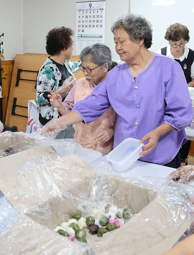 이경옥, 심재식, 이혜옥 할머니가 13일 오전 경기도 여주시 금사면 주록리 마을회관에서 주민들에게 나눠 줄 송편꾸러미를 만들고 있다. 백소아 기자