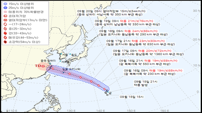 14호 태풍 '풀라산' 예상 이동 경로 (사진, 기상청)