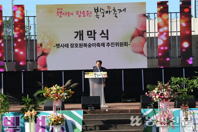 지난해 열린 제27회 햇사레 장호원 복숭아 축제에서 송영환 공동위원장이 축제 개막을 선언하고 있다.