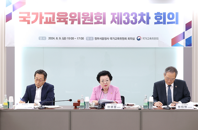 지난달 9일 정부서울청사에서 열린 국가교육위원회 33차 회의에서 이배용 국교위원장(가운데)이 발언을 하고 있다. 국가교육위원회 제공