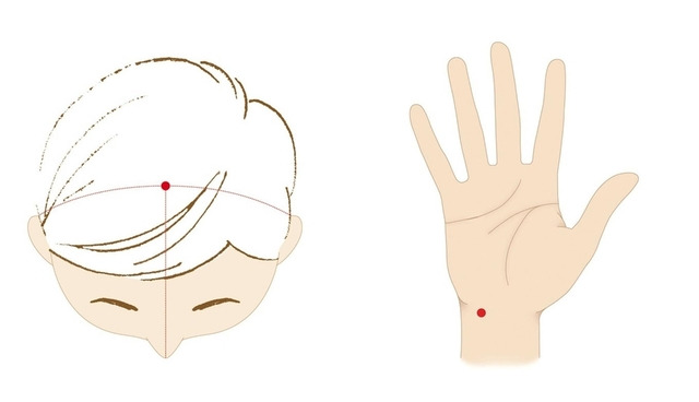 두통과 혈액순환에 효과적인 백회혈(왼쪽)과 화를 가라앉히는 신문혈. 자생한방병원