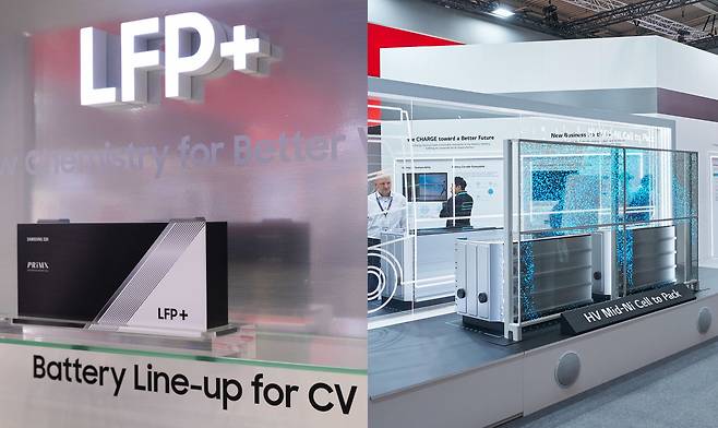 Samsung SDI's LFP+ battery (left) and LG Energy Solution's pouch-style high-voltage mid-nickel Cell to Pack battery are on display at IAA Transportation 2024 in Hanover, Germany. (provided by each company)