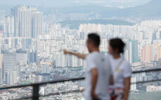 서울 남산에 오른 시민들이 서울 아파트 단지를 살펴보고 있다. 뉴시스