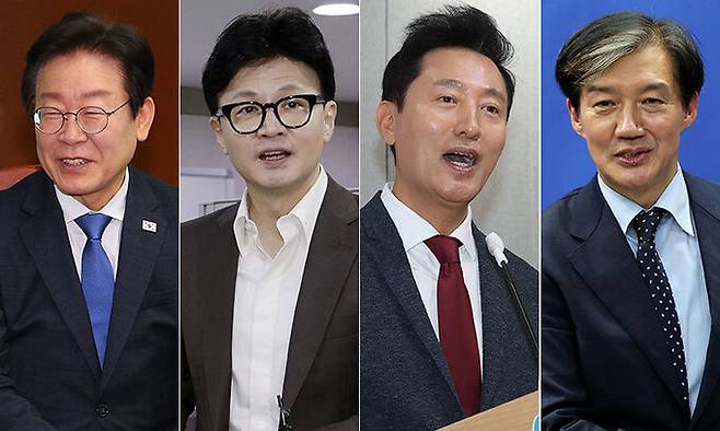 (왼쪽부터)더불어민주당 이재명 대표, 국민의힘 한동훈 대표, 오세훈 서울특별시장, 조국혁신당 조국 대표. 연합뉴스