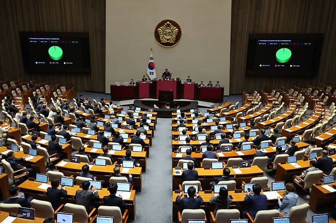 19일 국회에서 열린 본회의에서 지역회폐법이 통과되고 있다. 뉴시스