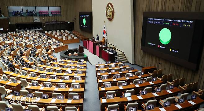 이번에도…자리 비운 여당 우원식 국회의장이 19일 국회 본회의에서 여당 의원들이 불참한 가운데 ‘윤석열 대통령 배우자 김건희의 주가조작 사건 등의 진상규명을 위한 특별검사 임명 등에 관한 법률안’ 가결을 선포하고 있다. 박민규 선임기자 parkyu@kyunghyang.com