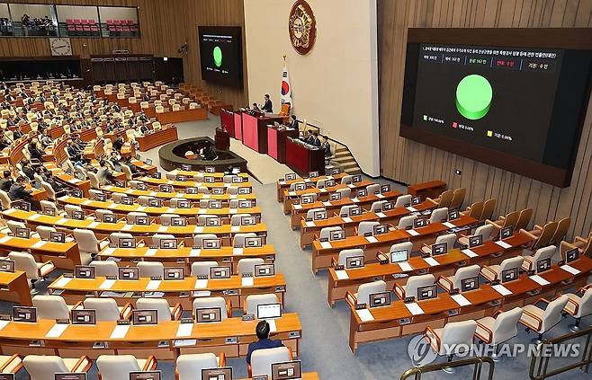 '김건희 특검법' 본회의 통과...여당 불참 (서울=연합뉴스) 김주성 기자 = 19일 오후 서울 여의도 국회에서 열린 본회의에서 '김건희 여사 특검법'이 야당 단독으로 통과되고 있다. 2024.9.19 utzza@yna.co.kr