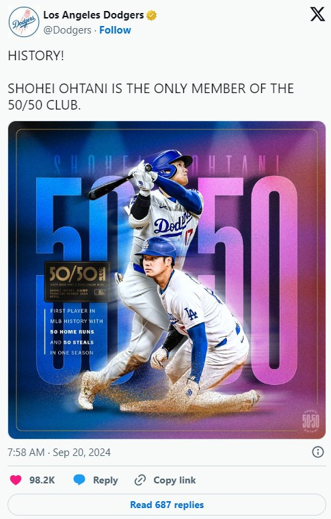 50-50클럽 가입 축하 메시지를 전한 다저스. 사진=MLB닷컴 캡처