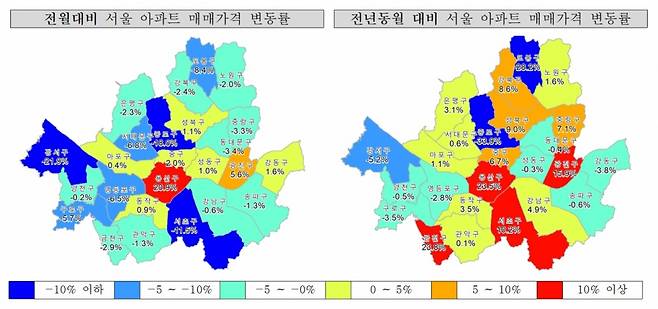 한국공인중개사협회 부동산정책연구원이 공개한 '월간 KAR 부동산시장 동향' 리포트 서울 아파트 매매가 변동률 시각물/제공=중개사협