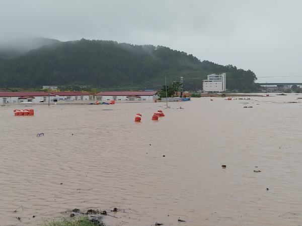 21일 오전 신문동 신문 도시개발사업지구 일대가 미처 빠지지 못한 빗물로 인해 호수로 변했다. 경남도소방본부 제공