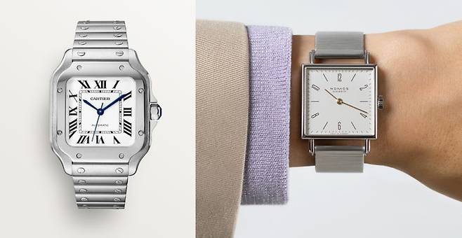 최초의 현대적인 시계 타이틀을 가지고 있는 까르띠에(Cartier)의 산토스(Santos)와 노모스(Nomos)의 테트라(Tetra).