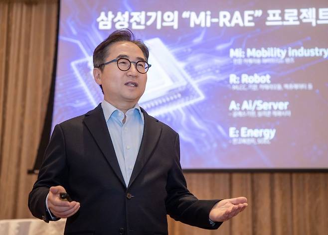 장덕현 삼성전기 대표이사 사장이 올해 1월 세계 최대 IT·가전 전시회 'CES 2024'가 열린 미국 라스베이거스에서 간담회를 열고 'Mi-RAE(미-래) 프로젝트'를 설명하고 있다. 삼성전기 제공