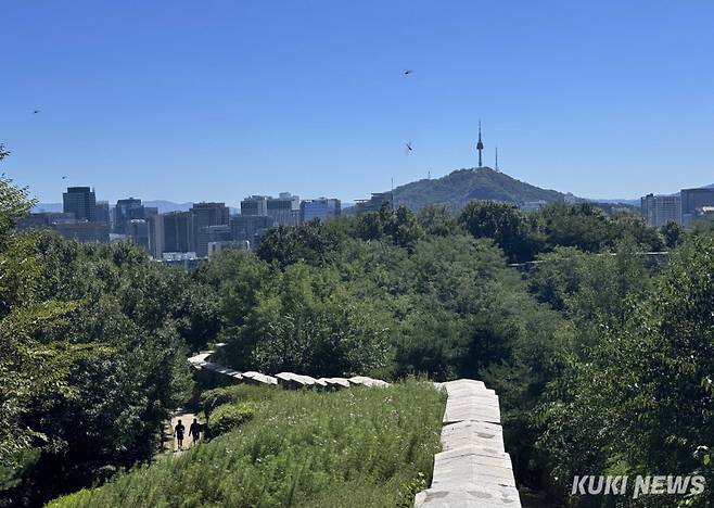 23일 오전 청명한 가을 하늘 아래 잠자리들의 날개짓이 분주하고 서울성곽을 따라 시민들이 산책하고 있다.